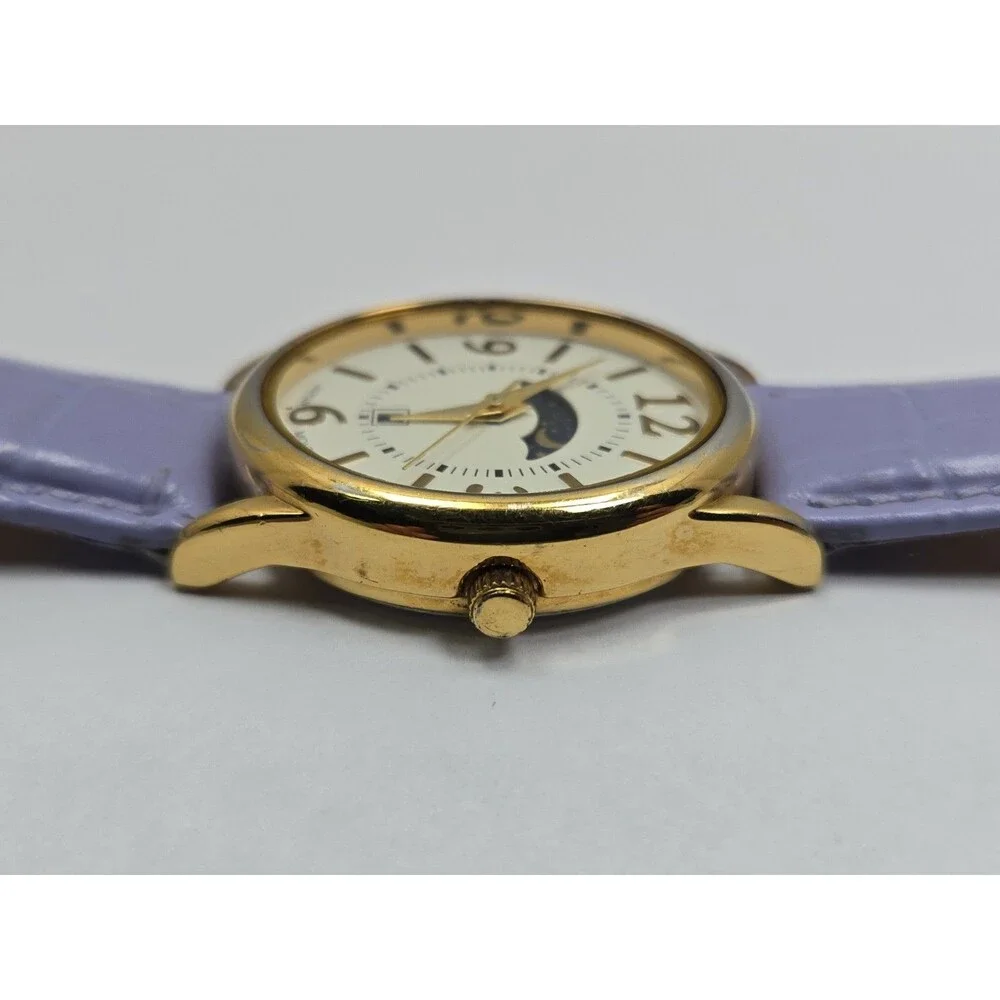 Womens Vintage Avon Moon Phase Date Womens Gold Tone Leather Watch New Battery